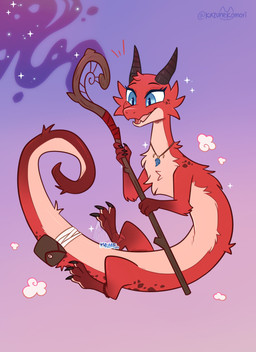accessory bag black_horn blue_eyes claws eyelashes female feral fur furgonomics horn magic magic_user multicolored_body multicolored_fur open_mouth red_body red_fur solo staff tail tail_accessory tail_bag toe_claws two_tone_body two_tone_fur kazunekomori mythology kavu_(umbrafang) dragon eastern_dragon furred_dragon furred_scalie mythological_creature mythological_scalie scalie absurd_res hi_res