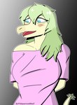 anthro big_breasts blue_eyes blush breasts clothing female green_body green_hair green_scales hair long_hair looking_away low_cut_shirt open_mouth pink_clothing pink_shirt pink_topwear scales shirt simple_background slight_smile snout solo spiked_tail spikes spikes_(anatomy) tail tongue topwear fdaapprovedbeef cavemanon_studios goodbye_volcano_high snoot_game stella_(gvh_beta) dinosaur ornithischian prehistoric_species reptile scalie stegosaurian stegosaurus thyreophoran absurd_res colored hi_res