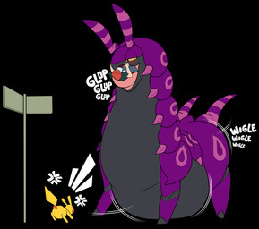 angry antennae_(anatomy) belly big_belly big_butt black_body black_eyes black_hair blush bottomwear bouncing_butt butt clothing extreme_size_difference female female_feral female_pred feral feral_pred hair half-closed_eyes hat headgear headwear human_prey in_mouth larger_female larger_feral larger_pred long_neck male male_feral male_human male_prey markings multicolored_body narrowed_eyes onomatopoeia open_mouth oral_vore overweight overweight_female overweight_feral pants pink_markings purple_body quadruped shirt size_difference smaller_feral smaller_human smaller_male smile sound_effects street_sign struggling struggling_prey text tongue topwear unwilling_prey vore weight_gain wide_hips wiggle wiggling_hips yellow_sclera pakaproductions sentinelwinder nintendo pokemon ash_ketchum pandora_(pakaproductions) arthropod generation_1_pokemon generation_5_pokemon human mammal pikachu pokemon_(species) rodent scolipede digital_media_(artwork) hi_res