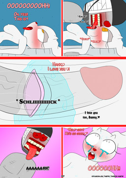anthro bed_sheet bedding blush bodily_fluids buckteeth dialogue doll duo eyewear female fur genital_fluids genitals grey_body grey_nipples horn kissing male male/female nipples penetration penis pink_vulva sunglasses tears tears_of_pleasure teeth tongue tongue_out vaginal vaginal_fluids vaginal_penetration vulva white_body white_eyes white_fur white_nipples yellow_eyes otakon_(artist) 2spot_studio bloody_bunny_(series) madness_combat bloody_bunny hank_j._wimbleton animate_inanimate lagomorph leporid living_doll mammal nevadean_(madness_combat) rabbit comic hi_res