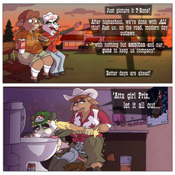 alamo_cigarettes alcohol beer beverage beverage_can bubble burger cloud container corona_(lighting) cup dialogue drunk drunk_bubble duo eye_contact female food fort_worth hair holding_hair ill kneeling kneeling_on_ground lasso_burger lone_star_beer looking_at_another mug nausea on_one_knee poster substance_intoxication sunset texas text time_skip toilet touching_hair upset_stomach vomiting wall_decoration bbqnboots40 ally_tinhorn priscilla_vermin american_opossum bovid bovine cattle mammal marsupial virginia_opossum 1:1 absurd_res comic english_text hi_res