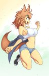 5_fingers anthro big_breasts biped blue_eyes breasts brown_hair canid canine clothed clothing female fingers fur hair hi_res inner_ear_fluff japanese_kobold kneeling mammal midriff monster_girl_(genre) monster_musume navel open_mouth polt_(monster_musume) shirt side_boob simple_background skecchiart smile solo tan_body tan_fur tank_top topwear tuft white_background white_body white_skin wide_hips