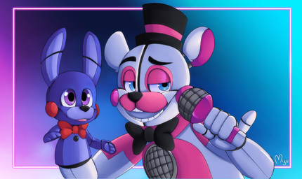 ambiguous_gender anthro black_nose blue_background blue_eyes bow_tie close-up clothing duo electronics half-closed_eyes hat headgear headwear long_ears looking_at_viewer looking_away machine male microphone multicolored_body narrowed_eyes open_mouth pawpads paws pink_body puppet purple_background purple_body purple_eyes raised_finger raised_pinky rosy_cheeks round_ears simple_background singer size_difference smile smug standing teeth tongue toony top_hat white_body blazemizu five_nights_at_freddy's scottgames sister_location funtime_freddy_(fnafsl) puppet_bonnie_(fnafsl) animatronic bear lagomorph leporid mammal rabbit robot 2020 half-length_portrait portrait