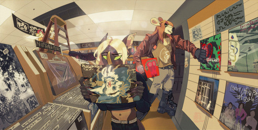 anthro belt black_body black_hair blonde_hair boots bottomwear brown_body ceiling claws clothed clothing crop_top denim denim_bottomwear denim_clothing fangs floor footwear fur group hair hat headgear headwear inside jacket jeans label ladder larger_male long_hair looking_down male open_mouth orange_hair pants piercing shirt shoes shopping sign size_difference slim smile sombrero store tank_top teeth topwear vinyl_record wall_(structure) white_body wood wood_floor xdarkspace mythology ravios raxan_(xdarkspace) stoven_(xdarkspace) bat canid canid_demon canine demon hellhound kangaroo macropod mammal marsupial mythological_canine mythological_creature digital_media_(artwork) hi_res
