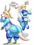 anthro big_butt blonde_hair blue_eyes breasts butt clothing disembodied_hand female footwear group growth hair hand_on_face high_heels long_ears open_mouth pale_skin ponytail pouch_(anatomy) rear_view shoes simple_background solo_focus species_transformation standing surprise tail tail_growth thick_thighs tight_clothing touching_face transformation transformation_sequence white_background wide_hips zero_suit nexusthelife metroid nintendo samus_aran human kangaroo macropod mammal marsupial hi_res