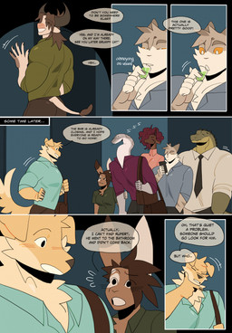 accessory alcohol anthro bag beverage brown_hair cellphone clothing dialogue drinking electronics female green_clothing green_shirt green_topwear group hair holding_object holding_phone horn male muscular muscular_male necktie phone shirt smartphone speech_bubble tail text topwear 000atanerriaper000 comic english_text hi_res