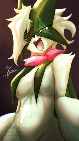 anthro breast_curtains breasts female female_anthro happy medium_breasts solo kyat_nguyen nintendo pokemon fan_character luxien_(kyat_nguyen) domestic_cat felid feline felis generation_9_pokemon mammal meowscarada pokemon_(species) 4k 9:16 absurd_res hi_res