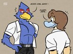 2024 anatid anseriform anthro ardo_(tadaoardo) avian beak belt bird black_bottomwear black_clothing black_pants black_slacks black_text blue_beak bottomwear brown_background brown_hair clothed clothing duck english_text falco_lombardi feathers flirting grey_belt grey_belt_buckle hair hi_res looking_at_chest male muscular muscular_male nintendo open_clothing open_shirt open_topwear orange_beak pants red_body red_feathers seductive shirt simple_background smile solo spanish_text star_fox tadaoardo tan_body tan_feathers text topwear white_dress_shirt white_text