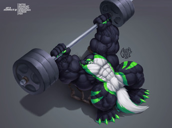anthro bench_press big_muscles exercise fur holding_barbell holding_object huge_muscles hyper hyper_muscles male muscular solo striped_body striped_fur stripes weightlifting workout agonwolfe canid canine canis mammal wolf