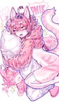 ambiguous_gender anthro big_tail blush candy clothing cute_fangs dessert eyes_closed fangs food fur heart_symbol hug hugging_object hugging_pillow journal latex latex_clothing latex_legwear latex_thigh_highs legwear misspelling oversized_clothing oversized_sweater oversized_topwear pencil_(object) pillow pink_body pink_clothing pink_fur plushie solo sweater tail teeth thigh_highs topwear white_latex magic_dream00 domestic_cat felid feline felis mammal 4k 9:16 absurd_res hi_res