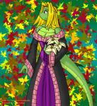 4_fingers anthro blonde_hair breasts cleavage clothed clothing dress female fingers flower fully_clothed hair long_hair non-mammal_breasts plant solo avencri cela crocodile crocodilian reptile scalie