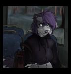 anthro biped black_border black_nose border clothing female hair hoodie purple_eyes purple_hair sitting solo topwear purrchinyan moon_fresh_(f-r95) canid canine canis domestic_dog mammal 2018 digital_media_(artwork)