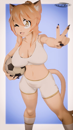 abs anthro armwear bandage beverage big_breasts bottomwear breasts clothed clothing female footwear fur hair midriff shirt shoes shorts simple_background sleeveless_clothing solo sports_team sportswear tail topwear white_background white_bottomwear white_clothing white_shirt white_shorts white_sportswear white_topwea white_topwear warmcube3d goya_(lucyfercomic) cougar felid feline mammal absurd_res hi_res