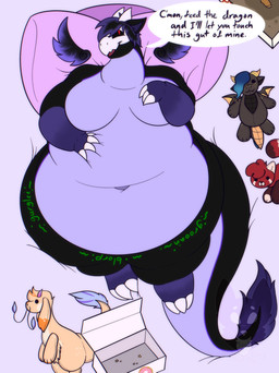 2_horns 4_claws 4_fingers ambiguous_anthro ambiguous_gender anthro bed belly big_belly big_breasts biped black_body black_tail black_wings blorp bone box breasts claws container countershade_tail countershade_torso countershading crumbs doughnut_box extended_sound_effect female female_anthro fingers floating_wings furniture green_emanata green_text groan gurgle_(sound_effect) horn huge_belly morbidly_obese obese obese_ambiguous obese_anthro obese_female on_bed overweight overweight_ambiguous overweight_anthro overweight_female pillow pizza_box plushie purple_body purple_countershading rumbling_stomach skull skull_head solo sound_effect_variant sound_effects tail tail_tuft talking_to_viewer text tuft unusual_anatomy unusual_wings white_horn wings strawberrymilkdog mythology cherry_jubilee_(strawberrymilkdog) daiquiri_(strawberrymilkdog) iris_(frenchiekrueger) violet_(frenchiekrueger) ailurid dragon inanimate_object mammal mythological_creature mythological_scalie red_panda scalie skull_dragon absurd_res english_text hi_res busty_boy_(lore)