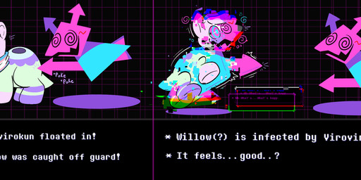 abstract_background blush blush_stickers clone clone_transformation duo emanata feral gameplay_mechanics geometric_background glitch grid_background hypnosis jagged_mouth lgbt_pride mind_control motion_lines multicolored_neckwear multicolored_scarf neckwear onomatopoeia pattern_background pride_color_neckwear pride_color_scarf pride_colors ringed_eyes scarf simple_background sound_effects species_transformation speech_bubble spiral spiral_eyes surprised swirl_emanata text text_box transformation transformation_sequence transgender_pride_colors twinning dizzydreadful deltarune nintendo pokemon undertale_(series) willow_(willowpoke) computer_virus_(species) digital_creature generation_3_pokemon numel pokemon_(species) virovirokun absurd_res chromatic_aberration english_text hi_res lineless long_image multiple_scenes sequence wide_image nonbinary_(lore) trans_(lore)