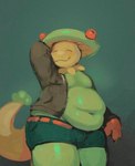 anthro areola belly belt big_belly bottomwear brown_clothing brown_jacket brown_topwear butt cargo_shorts claws clothing eyes_closed finger_claws fungus green_body jacket male navel overweight overweight_male pink_areola red_body shirtless shorts smile solo tail tan_body thick_thighs topwear unknown_artist nintendo pokemon luigi_mangione's_fursona breloom elemental_creature fungi_fauna generation_3_pokemon humanoid pokemon_(species) hi_res