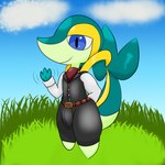 clothing encounter feral formal_clothing formal_wear grass_field light male solo suit sunlight ori-doggo nintendo pokemon fan_character zoom_(ori-doggo) generation_5_pokemon pokemon_(species) snivy 1:1 hi_res