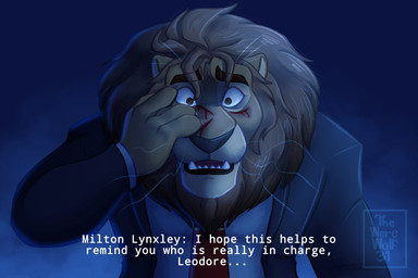 abstract_background anthro blackmail blood bodily_fluids brown_body brown_fur claws clothing dialogue draining_color fur hand_on_face inside male mane mayor necktie offscreen_character open_mouth politics scar scared sharp_teeth solo suit tan_body tan_fur teeth text threatening whiskers wounded thewerewolf31 disney zootopia leodore_lionheart felid lion mammal pantherine 3:2 english_text hi_res signature watermark