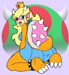 alternate_species anthro blonde_hair blue_clothing blue_eyes blue_sweater blue_topwear claws clothing crown female furrification hair headgear horn looking_back scales shell solo sweater topwear transformation virgin_killer_sweater tryfag mario_bros meme_clothing nintendo princess_koopa princess_peach koopa scalie meme