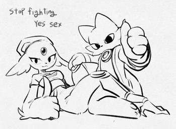 anthro avian_feet black_eyes black_nose cheek_tuft duo eyelashes facial_tuft female floppy_ears forehead_gem gem gesture halo hand_gesture looking_at_viewer lop_ears male mouthless prosthetic prosthetic_leg prosthetic_limb smile text thick_thighs thumbs_up tuft wide_hips le_(artist) nine_sols red_candle_games goumang_(nine_sols) yi_(nine_sols) felid feline mammal solarian