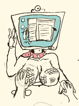 anthro blush breast_grab breast_rest breasts computer computer_monitor computer_mouse desk disembodied_hand duo electronics female furniture hand_holding hand_on_breast machine male objectum office simple_background solo table tan_background text typing woodhouse3d animate_inanimate computer_virus_(species) living_machine english_text restricted_palette