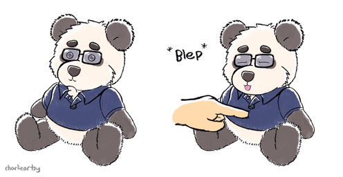 anthro black_body black_fur chibi clothing duo eyewear fur glasses humanoid_hands shirt simple_background sitting slightly_chubby solo_focus text tongue tongue_out topwear white_background white_body white_fur charlieartsy bear giant_panda mammal 2020 hi_res