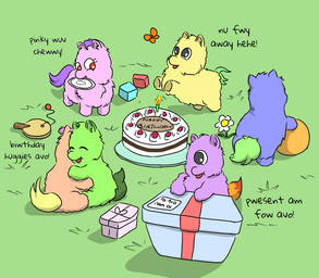 1_eye ambiguous_feral ambiguous_gender baby_talk ball brown_tail_tip cake candle chasing dessert dialogue dipstick_tail dish eyelashes female female_feral feral flower food fur gift grass green_body green_fur green_tail group hair happy hooves hug lit_candle markings mouth_hold neonate orange_body orange_fur orange_tail outside pink_body pink_fur plant purple_body purple_fur purple_hair purple_tail sitting smile standing tail tail_markings text toy toy_block yellow_body yellow_fur yellow_tail young young_ambiguous young_female young_feral carpdime fluffy_pony ambient_arthropod ambient_butterfly ambient_insect fluffy_pony_(species) mammal digital_media_(artwork) english_text shaded