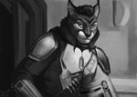 anthro armor male mercenary smile solo dimonis star_wars felid feline lynx mammal 2021 absurd_res artist_name greyscale hi_res monochrome signature watermark