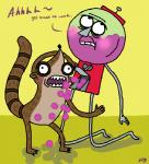 anthro ball_fondling balls balls_on_face benson blush brown_fur duo fur gay gumball_machine hands humor male mammal open_mouth oral plain_background raccoon regular_show rigby striped_tail teeth what yellow_background
Rating: Questionable
Score: 3
User: king-kaze
Date: March 18, 2014