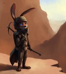 anthro blue_eyes brown_body brown_fur cloak clothed clothing day detailed_background fremen fully_clothed fur holding_object light long_ears outside solo standing stillsuit weapon s1m dune_(2021_film) dune_(series) lagomorph leporid mammal rabbit 2021 hi_res lighting shaded