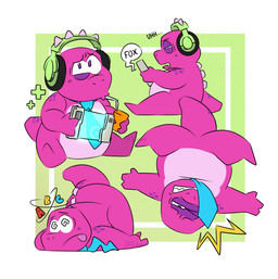 accessory anthro biped drinking electronics headphones male necktie pink_body sitting slightly_chubby solo tablet_computer tobiaix gameoverse glitch_productions gobbles_(gameoverse) dinosaur prehistoric_species reptile scalie 2026