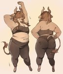 anthro barefoot bottomwear braided_hair breasts butt clothing ear_piercing ear_ring facial_piercing feet female hair hand_on_hip hooves horn nose_piercing nose_ring obscured_eyes overweight overweight_anthro pants piercing ring_piercing simple_background solo standing niochem magda_(niochem) bovid bovine cattle mammal 2023 digital_media_(artwork) hi_res