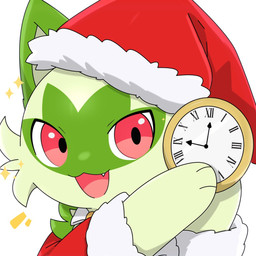 ambiguous_gender christmas_clothing christmas_headwear clock clothing costume emanata fangs feral fur green_body green_fur hat headgear headwear holding_object holidays looking_at_viewer open_mouth paws pink_eyes roman_numeral santa_costume santa_hat simple_background solo sparkles teeth tongue sarent_stuff christmas nintendo pokemon white_rabbit_pointing_at_clock_(meme) felid feline generation_9_pokemon mammal pokemon_(species) sprigatito 1:1 2025 meme