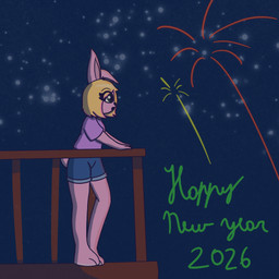 anthro blonde_hair celebration clothing female fireworks fur green_eyes hair pink_body pink_fur pose smile solo space star anonymous_artist new_year_2026 milky_rivas lagomorph leporid mammal rabbit 1:1 hi_res