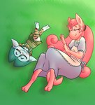 anthro apron big_hair blue_body blue_skin bottomwear clothed clothing digitigrade dress duo female hair lying lying_on_ground on_back on_ground on_side pink_body pink_skin skirt sleeping sweater topwear tulpa fimoman bubbletea caflec ambiguous_species goblin humanoid hi_res