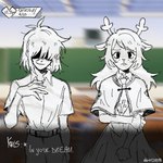 anthro antlers bottomwear chalkboard classroom clothed clothing cosplay crossover_cosplay dialogue duo female freckles hair horn male obscured_face school school_uniform skirt smile teeth text uniform visual_novel_interface silkalmondspilk deltarune undertale_(series) wonderful_everyday kris_(deltarune) noelle_holiday deer human mammal new_world_deer reindeer crossover english_text hi_res
