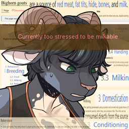 anthro big_breasts black_hair bodily_fluids breasts cleavage clothed clothed_anthro clothed_female clothing curled_horn ears_down eyebrows eyelashes female female_anthro green_eyes hair horn huge_breasts markings philtrum pink_nose pivoted_ears pupils scared shitpost short_hair snout solo sportswear spots spotted_body stare sweat sweatdrop text goocasden third-party_edit microsoft minecraft mojang vintage_story xbox_game_studios sable_kozlova_(heroicones) bovid caprine goat mammal 1:1 english_text meme