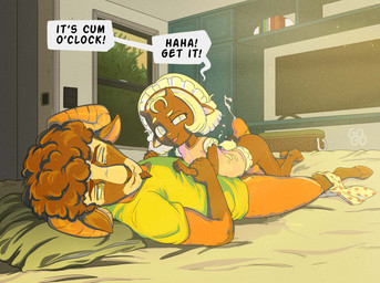 age_difference anthro bed bedroom bodily_fluids butt clothed clothing clothing_around_one_leg cum cum_on_back dialogue duo ejaculation erection female female_on_top furniture genital_fluids genitals hair hot_dogging lying male male/female on_bed on_top partially_clothed penis sex size_difference smile speech_bubble tail thigh_sex topwear underwear underwear_around_one_leg underwear_down waking_up young gogogrey izzy_(blubunny82) miabelle_(blubunny82) bovid caprine mammal sheep hi_res daughter_(lore) father_(lore) father_and_child_(lore) father_and_daughter_(lore) incest_(lore) parent_(lore) parent_and_child_(lore) parent_and_daughter_(lore)