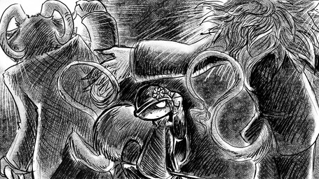 anthro armor bodily_fluids cane clothing coat female flower group gun headgear helmet male plant ranged_weapon rifle shadow spotlight suit sweat topwear trio weapon dragonweirdo daisy_(dragonweirdo) bovid caprine felid goat lion mammal pantherine rodent sciurid tree_squirrel 16:9 hi_res monochrome widescreen