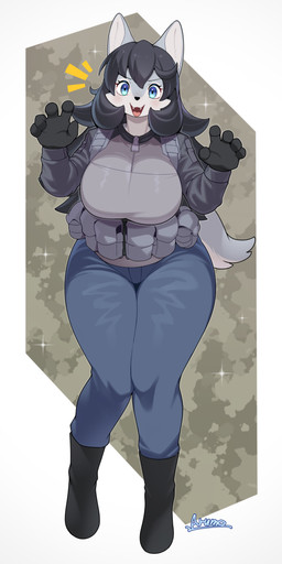 anthro big_breasts black_hair blue_eyes blush bottomwear breasts clothing female front_view fur gloves grey_body grey_fur hair handwear jacket looking_at_viewer open_mouth pants simple_background smile solo tail topwear zipper arumo canid mammal 1:2 2026 hi_res