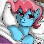 1:1 bed blue_body blue_fur digital_media_(artwork) earth_pony equid equine eyelashes female feral friendship_is_magic fur furniture hair hasbro horse john_joseco looking_at_viewer mammal mrs._cake_(mlp) my_little_pony pillow pink_hair pony shaded solo text tired url