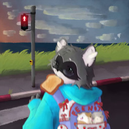 anthro backpack blue_clothing blue_hoodie blue_topwear bread clothed clothed_anthro clothed_female clothing cloud detailed_background evening eyewear female female_anthro food fur glasses grass grey_body grey_fur hoodie imminent_death inner_ear_fluff male male_anthro plant sidewalk slim_anthro slim_female solo_focus toast toast_in_mouth topwear traffic_light truck tuft vehicle wearing_glasses white_inner_ear_fluff nimo asgore_running_over_dess nimo_raccoon haplorhine mammal monkey primate procyonid raccoon 1:1 2026 2d_animation animated english_audio english_description half-length_portrait meme motion_tweening portrait short_playtime sound video