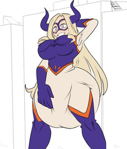 alley big_breasts blonde_hair bodysuit breasts building clothing diaper diapersuit female hair hand_behind_head horn huge_breasts macro macro_female mask not_furry purple_eyes rubbing_diaper skinsuit smile solo tight_clothing dl-secret rinonno my_hero_academia takeyama_yu horned_humanoid humanoid mammal artist_collaboration hi_res