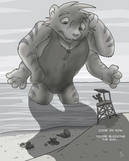 4_arms anthro beach clothing dialogue fur group macro male multi_arm multi_limb striped_body striped_fur stripes swimwear tail text flinters felid mammal pantherine tiger 2025 4:5 english_text hi_res monochrome