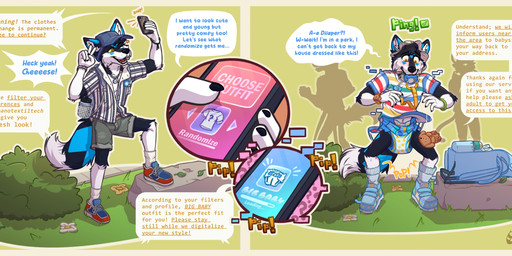 ageplay ambiguous_gender anthro baby_bottle backpack badge baseball_cap black_body black_fur black_tail blue_body blue_fur blue_tail blush bonnet border bottomwear bracelet cargo_shorts clean_diaper clock clothed clothing collared_shirt color_coded_text container cutaway dialogue diaper dipstick_tail directional_arrow dress_shirt electronics fangs flower folded_diaper footwear fur furgonomic_hat furgonomic_headwear furgonomics gesture grass group hand_gesture hat head_tuft headgear headwear humiliation infantilism inner_ear_fluff jewelry leaf legwear linked_speech_bubble magic markings multicolored_body multicolored_fur multicolored_tail necklace object_in_mouth one_eye_closed onesie open_mouth open_smile outfit_change pacifier pacifier_clip pacifier_in_mouth panel_overlap pattern_clothing pattern_footwear pattern_legwear pattern_shirt pattern_socks pattern_topwear phone phone_app phone_screen plant pointy_speech_bubble public public_humiliation question_mark raised_arms roleplay selfie shirt shoes shorts shrub sidewalk silhouette simple_background smile sneakers socks sound_effects speech_bubble standing striped_clothing striped_footwear striped_onesie striped_shirt striped_socks striped_topwear stripes tail tail_markings teeth text topwear trio tuft underline v_sign watch wearing_diaper white_body white_clothing white_flower white_footwear white_fur white_inner_ear white_inner_ear_fluff white_socks white_tail_tip yellow_background yellow_border yellow_flower shensho background_character trayco_borealis canid canine canis felid feline mammal wolf 2024 character_name comic english_text hi_res signature