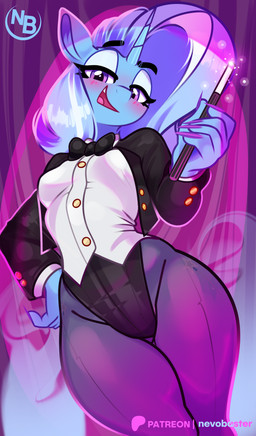 anthro blue_body blue_hair blush clothed clothing female fishnet_clothing fishnet_leggings fishnet_legwear hair horn leggings legwear looking_at_viewer open_mouth open_smile smile smiling_at_viewer solo standing wand nevobaster friendship_is_magic hasbro my_little_pony mythology trixie_(mlp) equid equine mammal mythological_creature mythological_equine unicorn 2026 absurd_res hi_res