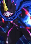 anthro black_body black_claws black_sclera blue_fire cape claws clothing colored_fire evil_grin fire horn male sharp_teeth smile solo teeth mofumi_corvus bandai_namco digimon digimon_ghost_game digimon_(species) gulusgammamon absurd_res hi_res