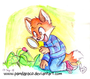 ambiguous_feral ambiguous_gender anthro blue_bottomwear blue_clothing blue_pants blue_shirt blue_topwear bottomwear clothed clothing duo feral footwear fur happy holding_magnifying_glass kneeling logo magnifying_glass male male_anthro open_mouth open_smile orange_body orange_fur pants pattern_clothing pattern_shirt pattern_topwear pink_tongue red_clothing red_footwear red_shoes shirt shoes smile striped_clothing striped_shirt striped_topwear stripes text tongue topwear white_body white_fur young young_anthro young_male pandapaco biro_(pandapaco) arthropod beetle canid canine cucujoid fox insect ladybug mammal 2015 artist_logo dated signature url