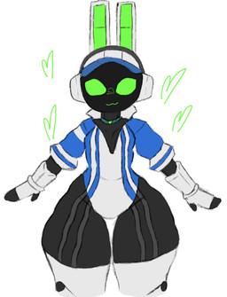 anthro baseball_cap black_body blue_jumpsuit bottom_heavy breasts cat_smile closed_smile clothing collar electronics female front_view gloves green_eyes handwear hat headgear headphones headwear heart_symbol huge_hips huge_thighs jumpsuit legwear medium_breasts mouth_closed robotic_ear robotic_legs simple_background sleeves smile smiling_at_viewer solo striped_body stripes thick_thighs thigh_highs tight_clothing white_background white_clothing white_gloves white_handwear white_hat white_headwear wide_hips jinxsusarts project_turboblast tempo_(project_turboblast) animal_humanoid humanoid lagomorph leporid mammal rabbit robot_anthro 2025 hi_res portrait three-quarter_portrait
