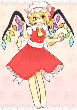 alternate_species anthro blonde_hair bonnet bottomwear clothing crystal_wings female fingerpads furrification hair handpaw headgear headwear mobcap pawpads paws red_bottomwear red_clothing red_eyes red_skirt red_topwear red_vest shirt skirt solo tail topwear unusual_anatomy unusual_wings vest waist_bow white_bonnet white_clothing white_headwear white_mobcap white_shirt white_topwear wings nervaniias touhou flandre_scarlet domestic_cat felid feline felis mammal hi_res